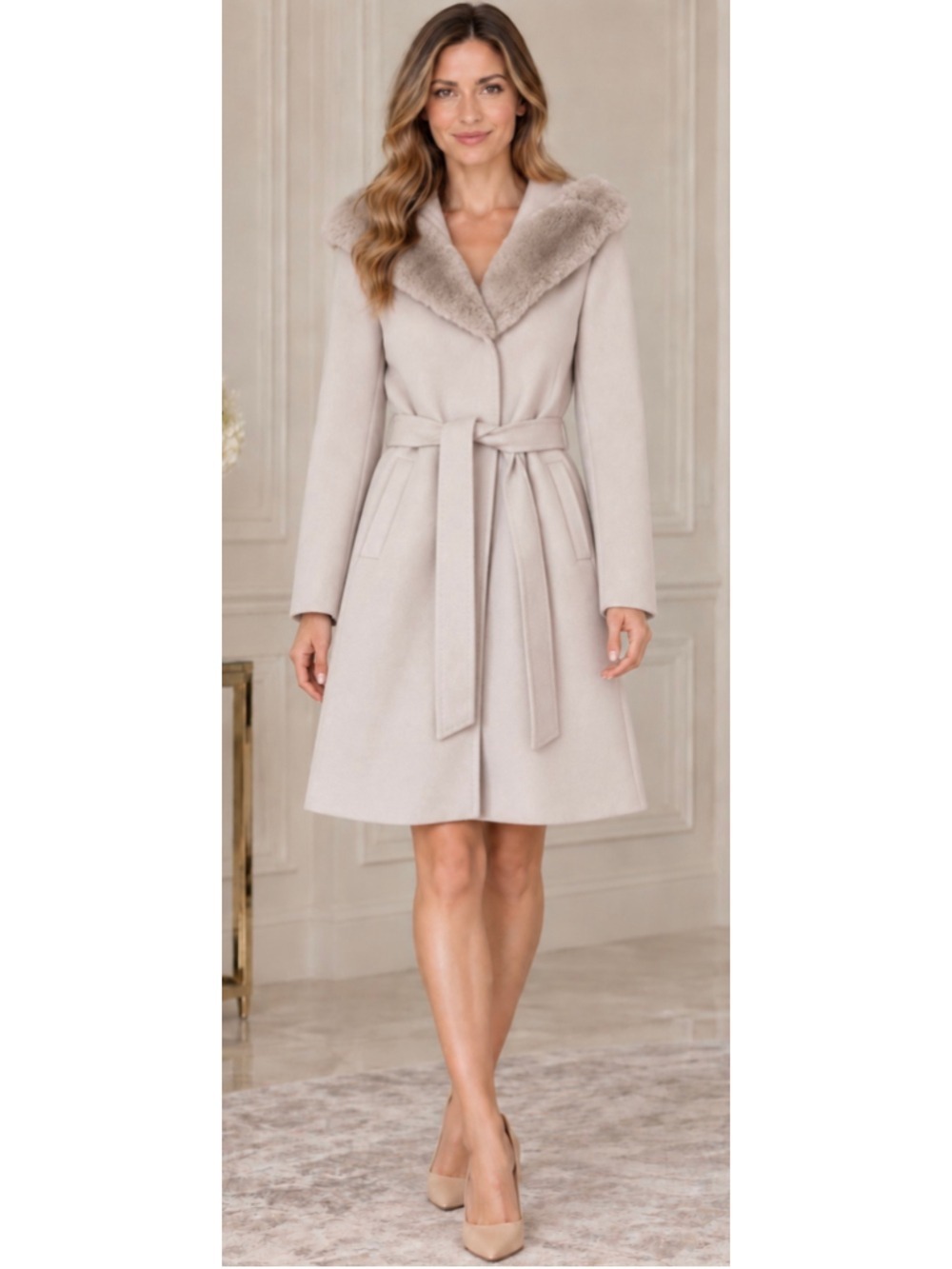 NetWork Turkish Luxury Beige Hooded Faux Fur Trim Belted Coat Size S Wool Blend
